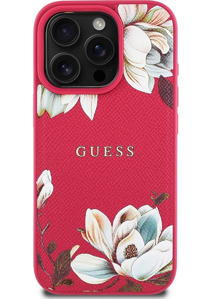 Apple iPhone 16 Pro Max Kılıf Uyumlu Magsafe Şarj Özellikli Çiçek Tasarımlı Yazı Logo Kapak Fuşya