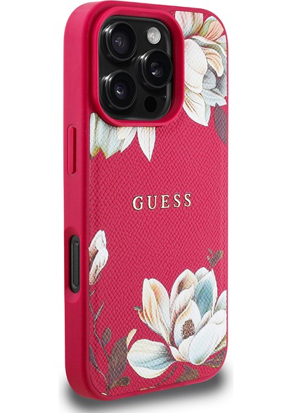 Apple iPhone 16 Pro Max Kılıf Uyumlu Magsafe Şarj Özellikli Çiçek Tasarımlı Yazı Logo Kapak Fuşya modelleri