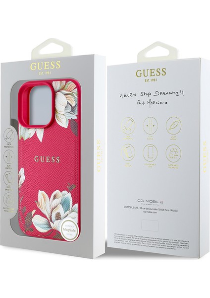 Apple iPhone 16 Pro Max Kılıf Uyumlu Magsafe Şarj Özellikli Çiçek Tasarımlı Yazı Logo Kapak Fuşya indirimleri