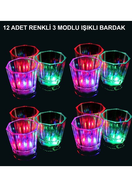 LED Işıklı Eğlence Bardakları - 3 Modlu Renk Değiştiren Bardak 12 Adet
