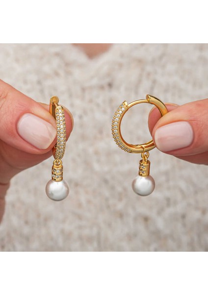 Gümüş Zirkon Taşlı Gold Halka Inci Küpe