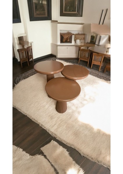 Wood Wooden Ahşap Kahverengi Renk 3’lü Set Mantar Yan Sehpa Fiskos Çiçeklik Decorative modelleri