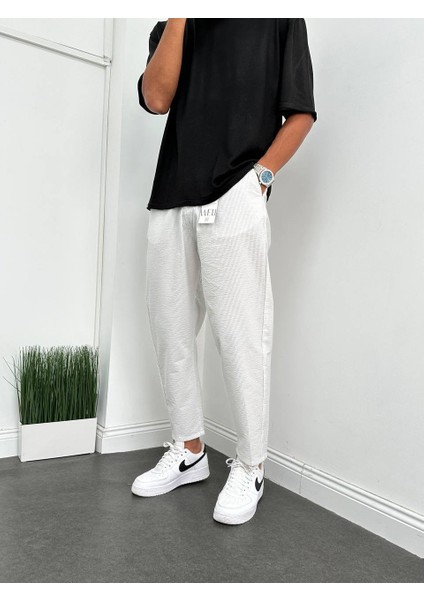 Bel Lastikli Rahat Kesim Dokulu Çizgili Jogger Pantalon