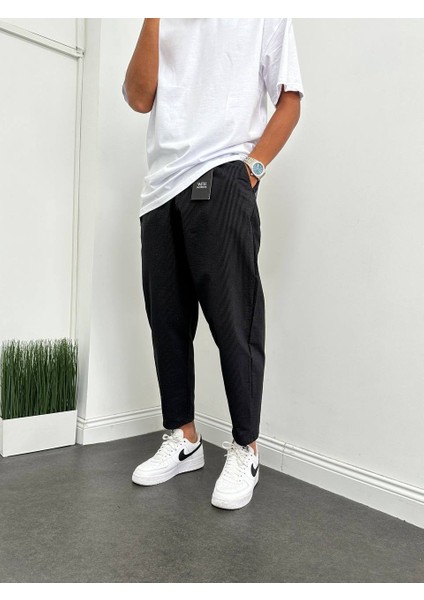 Bel Lastikli Rahat Kesim Dokulu Çizgili Jogger Pantalon