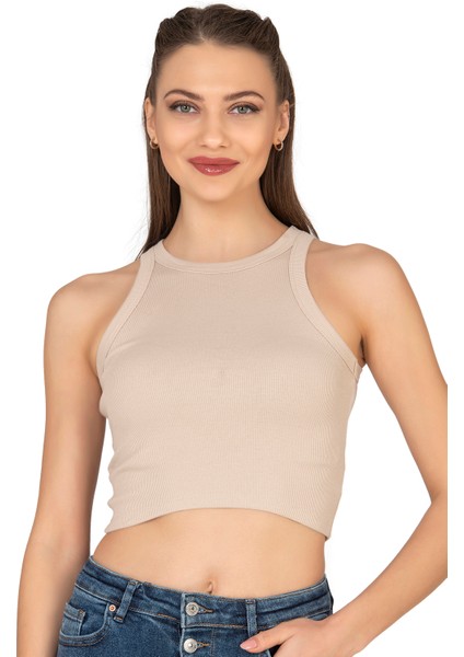 Özkan 27425 Kadın Pamuklu Kaşkorse Fitilli Halter Yaka Esnek Rahat Geniş Biyeli Crop Atlet Büstiyer