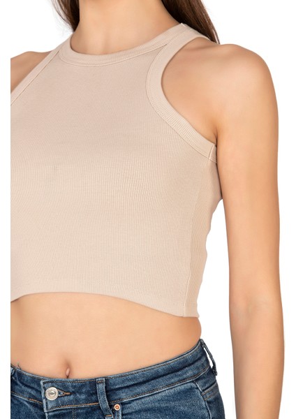 Özkan 27425 Kadın Pamuklu Kaşkorse Fitilli Halter Yaka Esnek Rahat Geniş Biyeli Crop Atlet Büstiyer