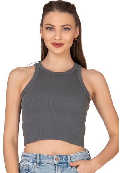 Özkan 27425 Kadın Pamuklu Kaşkorse Fitilli Halter Yaka Esnek Rahat Geniş Biyeli Crop Atlet Büstiyer