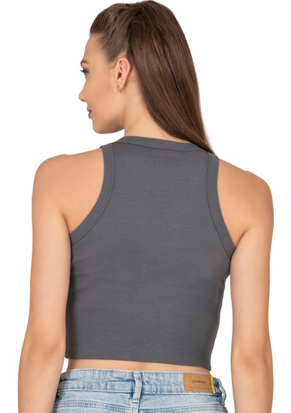 Özkan 27425 Kadın Pamuklu Kaşkorse Fitilli Halter Yaka Esnek Rahat Geniş Biyeli Crop Atlet Büstiyer