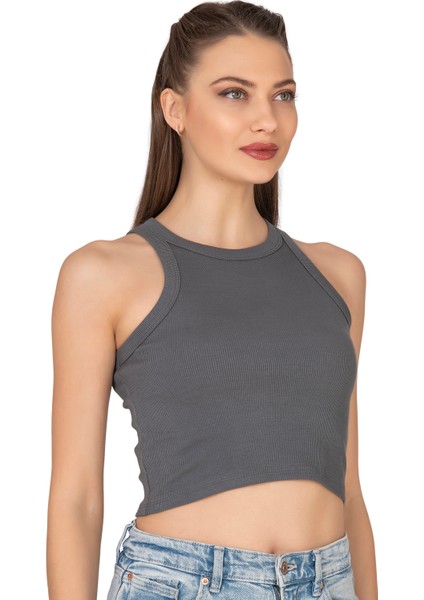 Özkan 27425 Kadın Pamuklu Kaşkorse Fitilli Halter Yaka Esnek Rahat Geniş Biyeli Crop Atlet Büstiyer