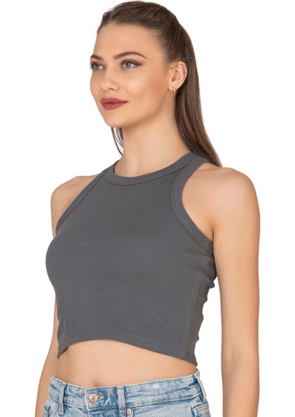 Özkan 27425 Kadın Pamuklu Kaşkorse Fitilli Halter Yaka Esnek Rahat Geniş Biyeli Crop Atlet Büstiyer