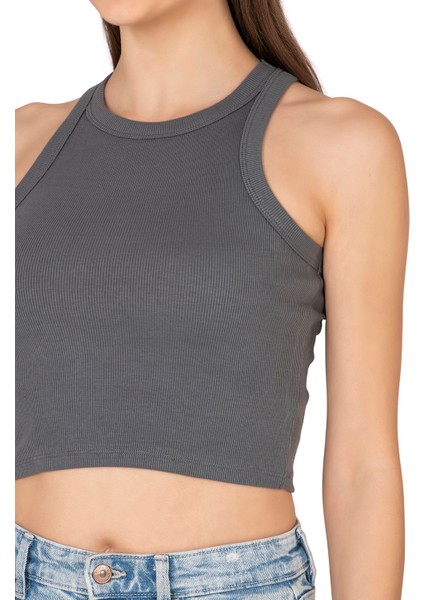 Özkan 27425 Kadın Pamuklu Kaşkorse Fitilli Halter Yaka Esnek Rahat Geniş Biyeli Crop Atlet Büstiyer