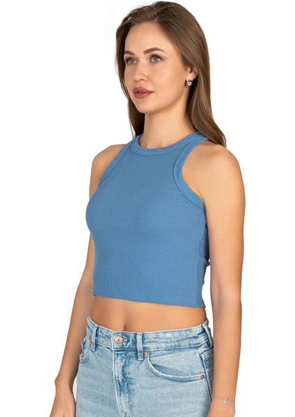 Özkan 27425 Kadın Pamuklu Kaşkorse Fitilli Halter Yaka Esnek Rahat Geniş Biyeli Crop Atlet Büstiyer