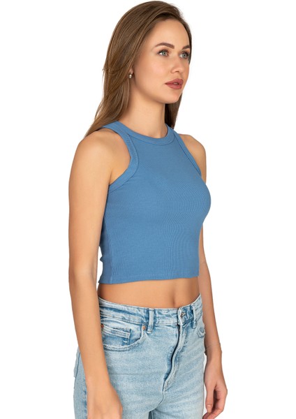 Özkan 27425 Kadın Pamuklu Kaşkorse Fitilli Halter Yaka Esnek Rahat Geniş Biyeli Crop Atlet Büstiyer