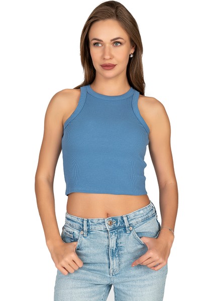Özkan 27425 Kadın Pamuklu Kaşkorse Fitilli Halter Yaka Esnek Rahat Geniş Biyeli Crop Atlet Büstiyer