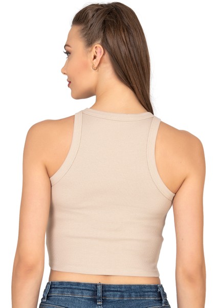 Özkan 27425 Kadın Pamuklu Kaşkorse Fitilli Halter Yaka Esnek Rahat Geniş Biyeli Crop Atlet Büstiyer
