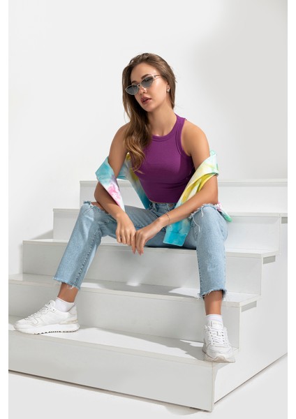Özkan 27425 Kadın Pamuklu Kaşkorse Fitilli Halter Yaka Esnek Rahat Geniş Biyeli Crop Atlet Büstiyer