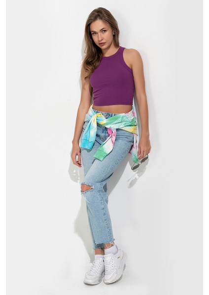 Özkan 27425 Kadın Pamuklu Kaşkorse Fitilli Halter Yaka Esnek Rahat Geniş Biyeli Crop Atlet Büstiyer