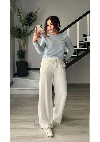 Beyaz Tensel Kumaş Beli Lastikli Pantolon fiyatları