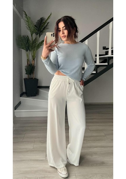 Beyaz Tensel Kumaş Beli Lastikli Pantolon modelleri