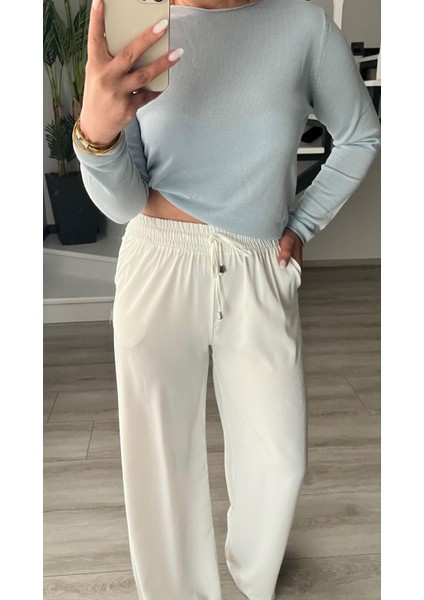 Beyaz Tensel Kumaş Beli Lastikli Pantolon fırsatları