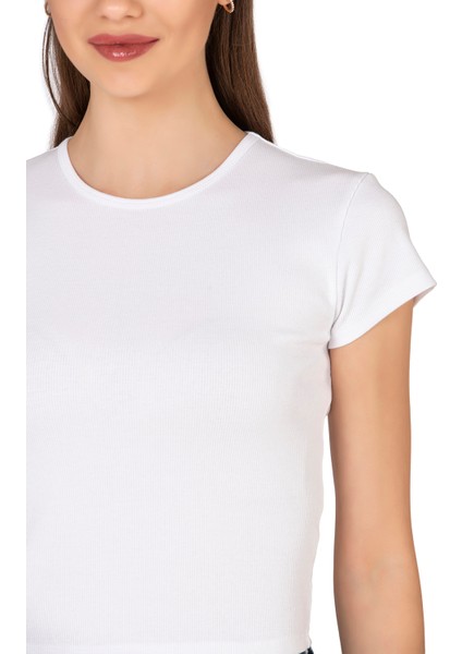 Özkan 27433 Kadın Crop Pamuklu Kaşkorse Esnek Rahat Bisiklet Yaka Kısa Kollu T-Shirt Bluz