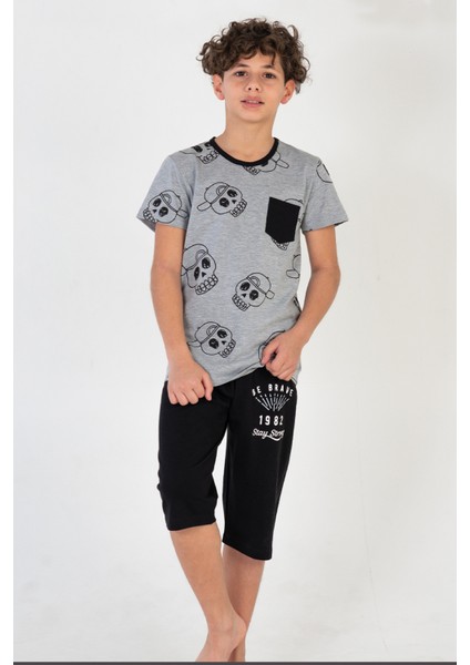Erkek Çocuk Kaprili Pijama Takımı Pamuk Baskılı Cep Detaylı A3