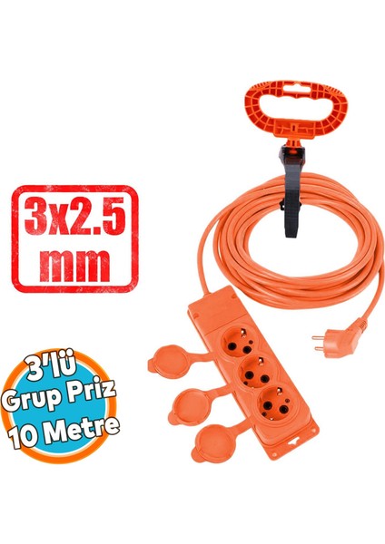 Seyyar Topraklı Kapaklı 3'lü Grup Priz Fiş 10 Metre Cca Uzatma Kablosu 3x2.5 mm Monofaze Çoğaltıcı