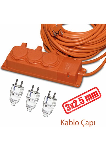 Seyyar Topraklı Kapaklı 3'lü Grup Priz Fiş 10 Metre Cca Uzatma Kablosu 3x2.5 mm Monofaze Çoğaltıcı