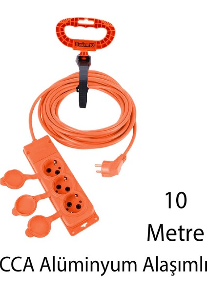 Seyyar Topraklı Kapaklı 3'lü Grup Priz Fiş 10 Metre Cca Uzatma Kablosu 3x2.5 mm Monofaze Çoğaltıcı