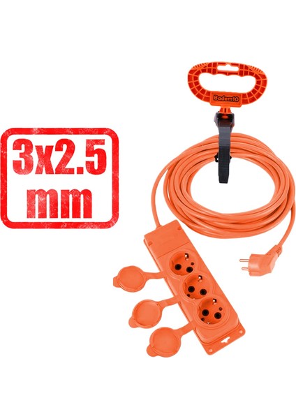 Seyyar Topraklı Kapaklı 3'lü Grup Priz Fiş 10 Metre Cca Uzatma Kablosu 3x2.5 mm Monofaze Çoğaltıcı