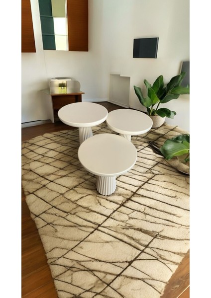 Wood Wooden Ahşap Krem Renk 3’lü Set Mantar Yan Sehpa Fiskos Çiçeklik Decorative