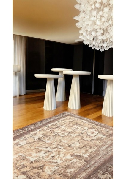 Wood Wooden Ahşap Krem Renk 3’lü Set Mantar Yan Sehpa Fiskos Çiçeklik Decorative