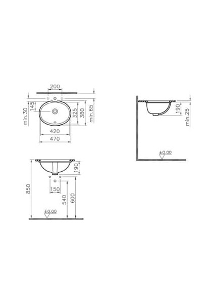 S20 6039B003-0012 Tezgah Altı Lavabo, 42 Cm, Beyaz