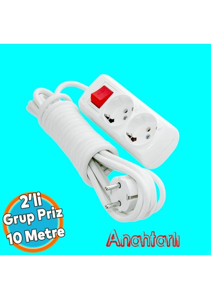 Kablolu Grup Priz Fiş 10 Metre Topraklı Anahtarlı Düğmeli Çoklu Çoğaltıcı Asmalı 2'li Uzatma