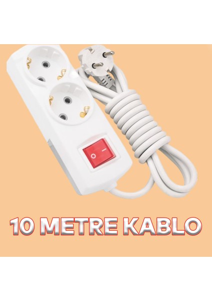 Kablolu Grup Priz Fiş 10 Metre Topraklı Anahtarlı Düğmeli Çoklu Çoğaltıcı Asmalı 2'li Uzatma