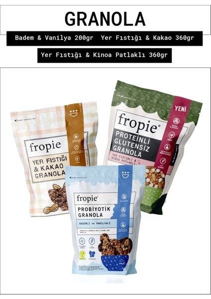 Badem & Vanilya - Yer Fıstığı & Kakao - Glutensiz Yer Fıstıklı & Kinoa Patlaklı Granola 3’lü Set