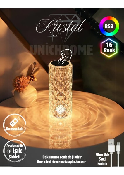 Kristal Elmas LED Dokunmatik Sensör USB Şarjlı Masa Lambası Rgb Gece Lambası