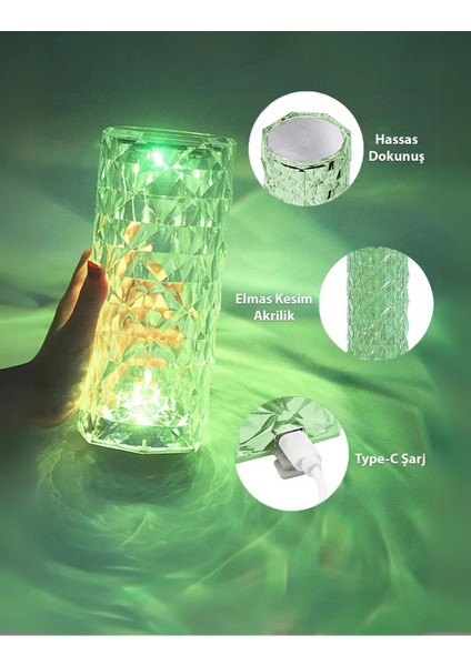 Kristal Elmas LED Dokunmatik Sensör USB Şarjlı Masa Lambası Rgb Gece Lambası