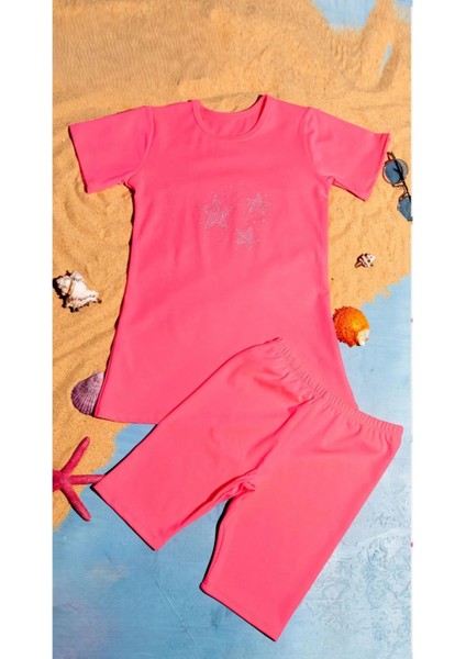 Yıldız Detaylı Neon Pembe Kız Çocuk Üst, Bone , Tayt 3 Parça Tesettür Deniz Havuz Mayo Takımı