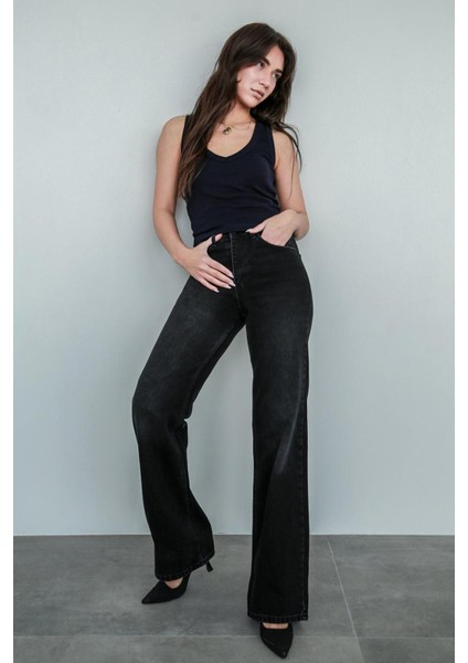 Siyah Yüksek Bel Kadın Wide Leg Pantolon MG2388