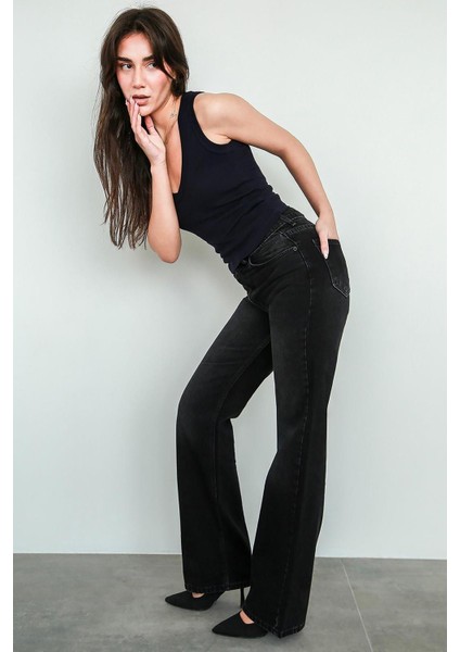 Siyah Yüksek Bel Kadın Wide Leg Pantolon MG2388 fırsatları