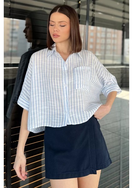 Kadın Tek Cepli Çizgi Desenli Oversize Gömlek