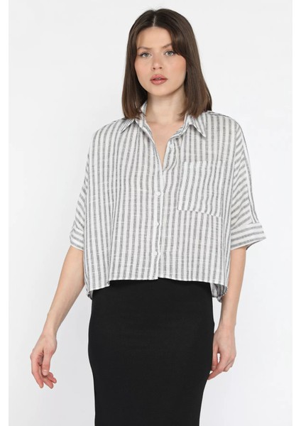Kadın Tek Cepli Çizgi Desenli Oversize Gömlek