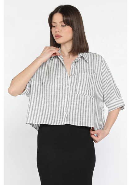Kadın Tek Cepli Çizgi Desenli Oversize Gömlek