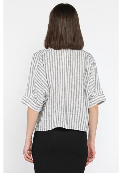 Kadın Tek Cepli Çizgi Desenli Oversize Gömlek
