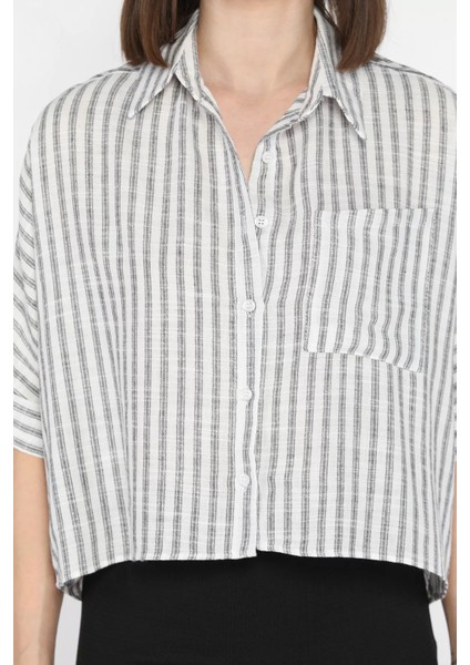 Kadın Tek Cepli Çizgi Desenli Oversize Gömlek