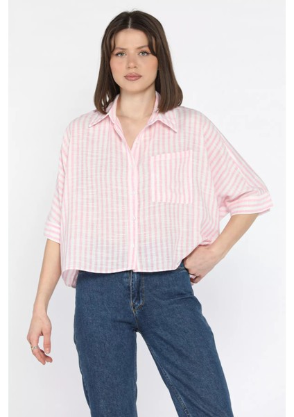 Kadın Tek Cepli Çizgi Desenli Oversize Gömlek