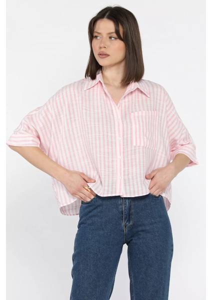 Kadın Tek Cepli Çizgi Desenli Oversize Gömlek