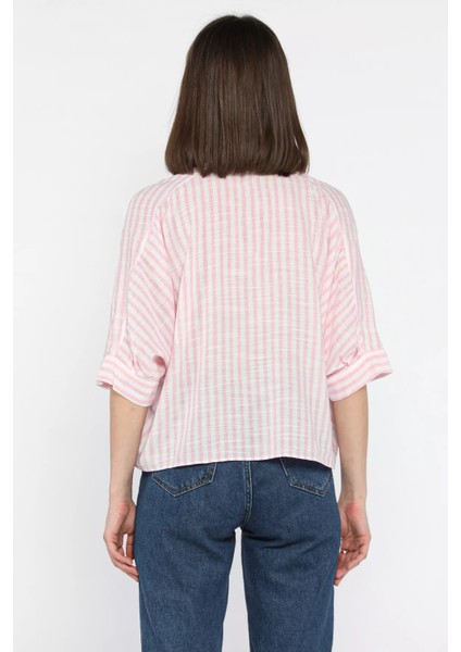 Kadın Tek Cepli Çizgi Desenli Oversize Gömlek