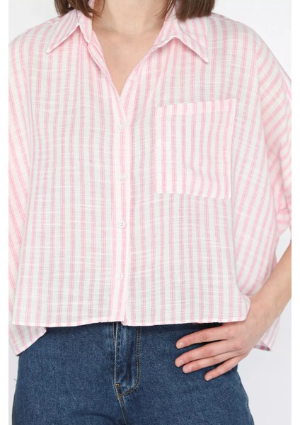 Kadın Tek Cepli Çizgi Desenli Oversize Gömlek